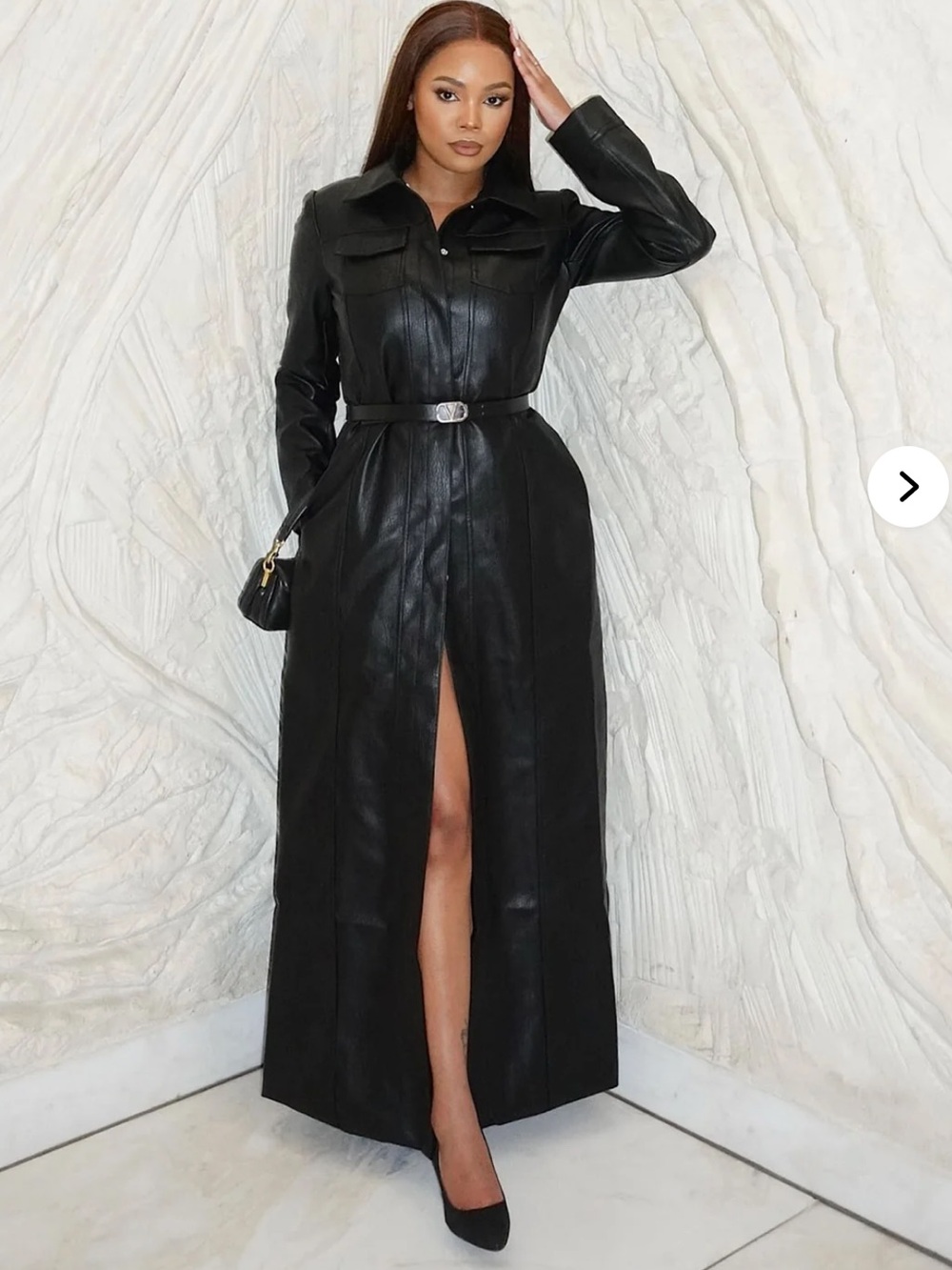 Fashion Nova Black Long Faux-Leather Trench with Belted Waist